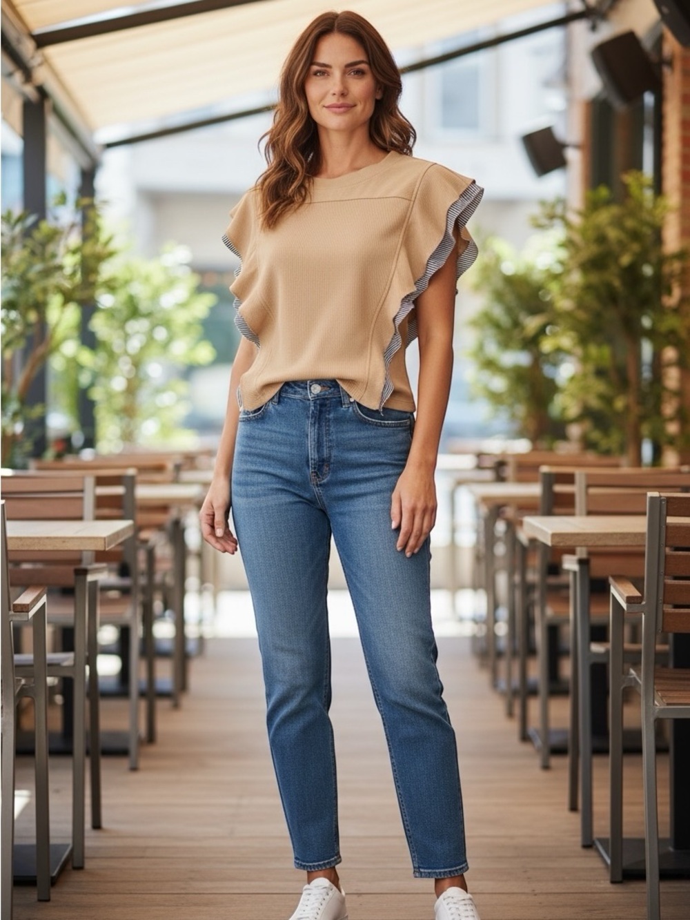 Anthropologie Beige and Blue Ruffle Sleeve Blouse